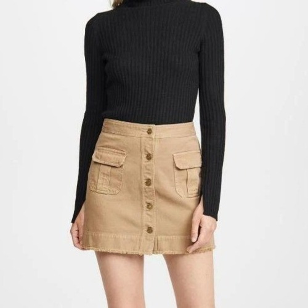 Nili Lotan Tan Cotton Twill Button Front Cargo Mini Skirt Frayed Hem Size 8